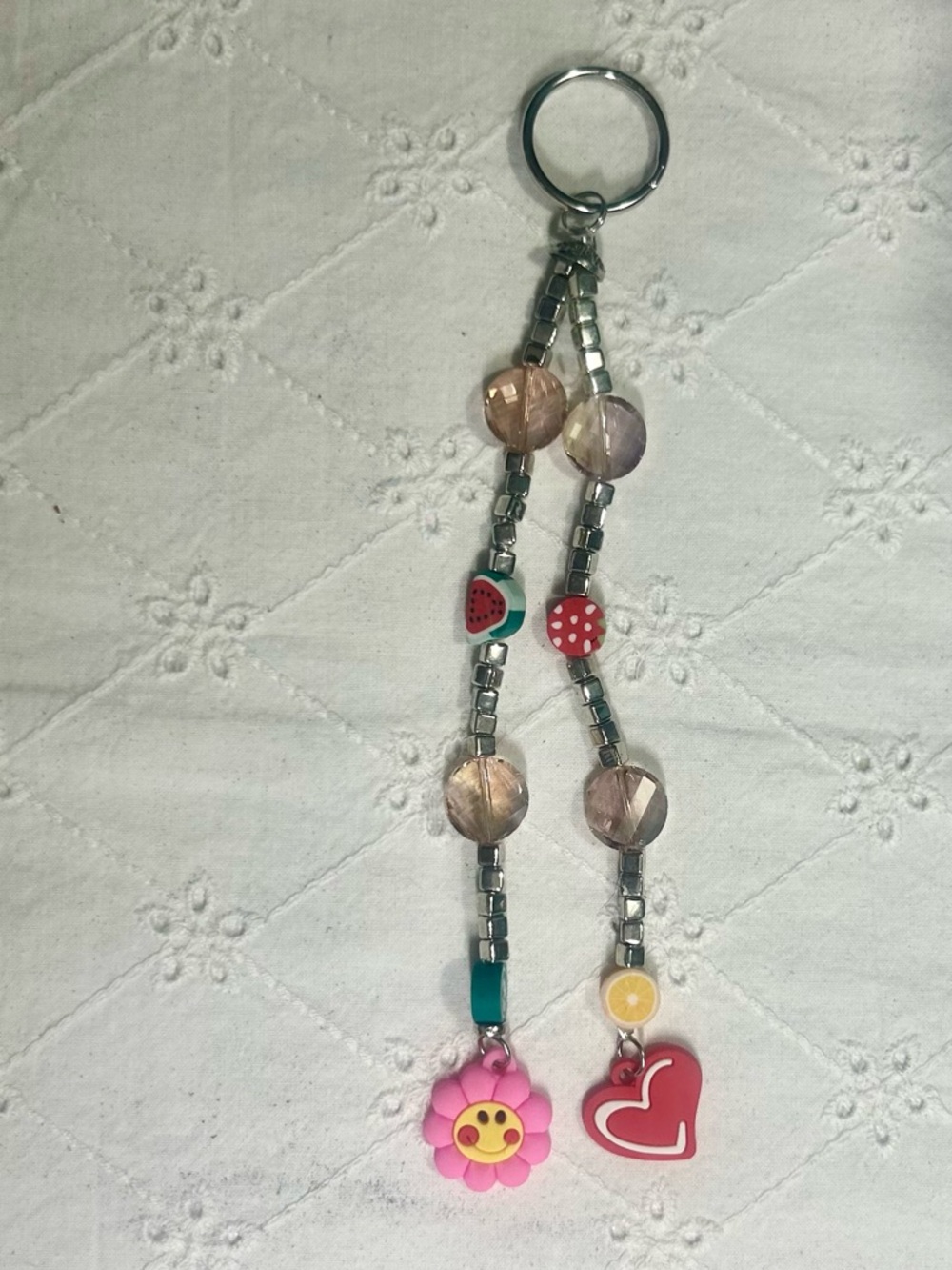 Beaded Pink Flower & Heart Keychain Charm